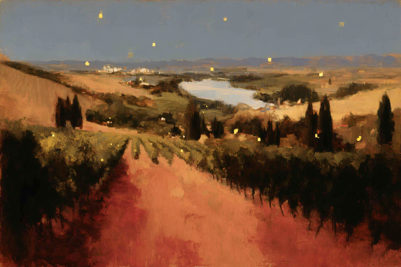 A painted late-summer valley, with dark cypress trees, terracotta earth, and a river catching the last light.